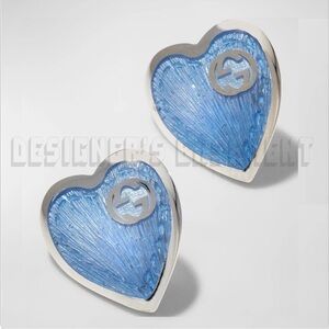 GUCCI Sterling Silver INTERLOCKING G light Blue Enamel HEART stud post Earrings‎